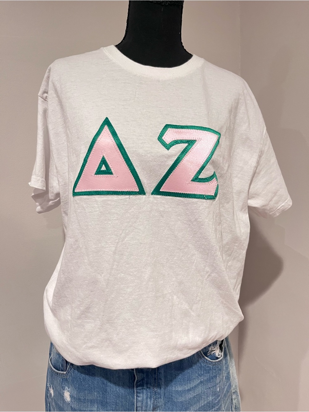 Gildan White Tee with Pink & Green Delta Zeta Letters